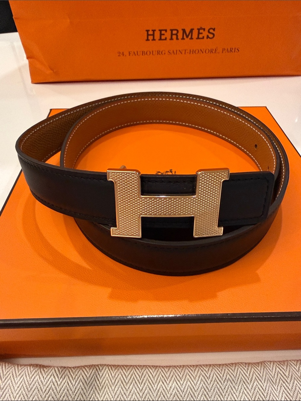 Hermès Black Leather Belt with Gold H Buckle